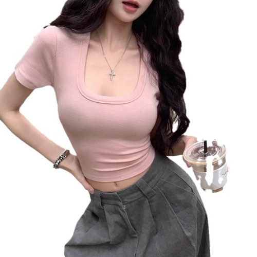 Ins Pure Desire Style Slim Fit U-Neck Base Short-Sleeve T-Shirt for Women, Revealing Collarbone Low-Chest Short-Sleeve Top for Women, Trendy Wholesale
