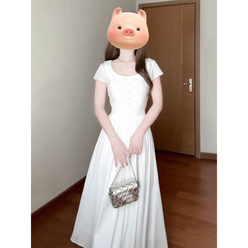 French First Love Pure White Dress 2025 New Summer Petite Elegant Beautiful Waist Long Skirt Square Collar