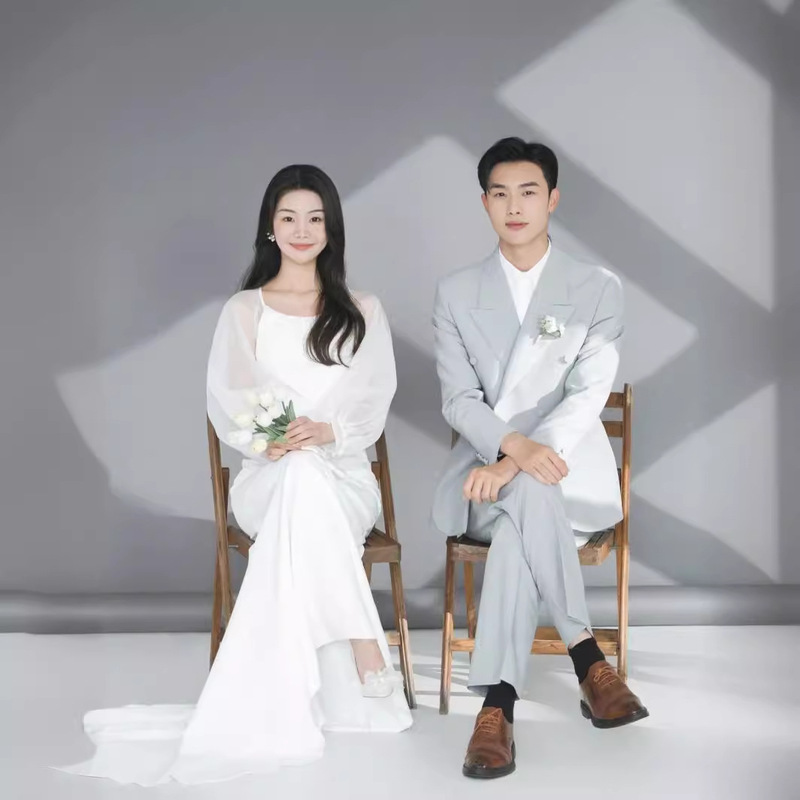 Cross-Border Wholesale Korean Light Wedding Dress White Long-Sleeved Satin Dress Bride Wedding Engagement Super Fairy Welcome Wedding Veil