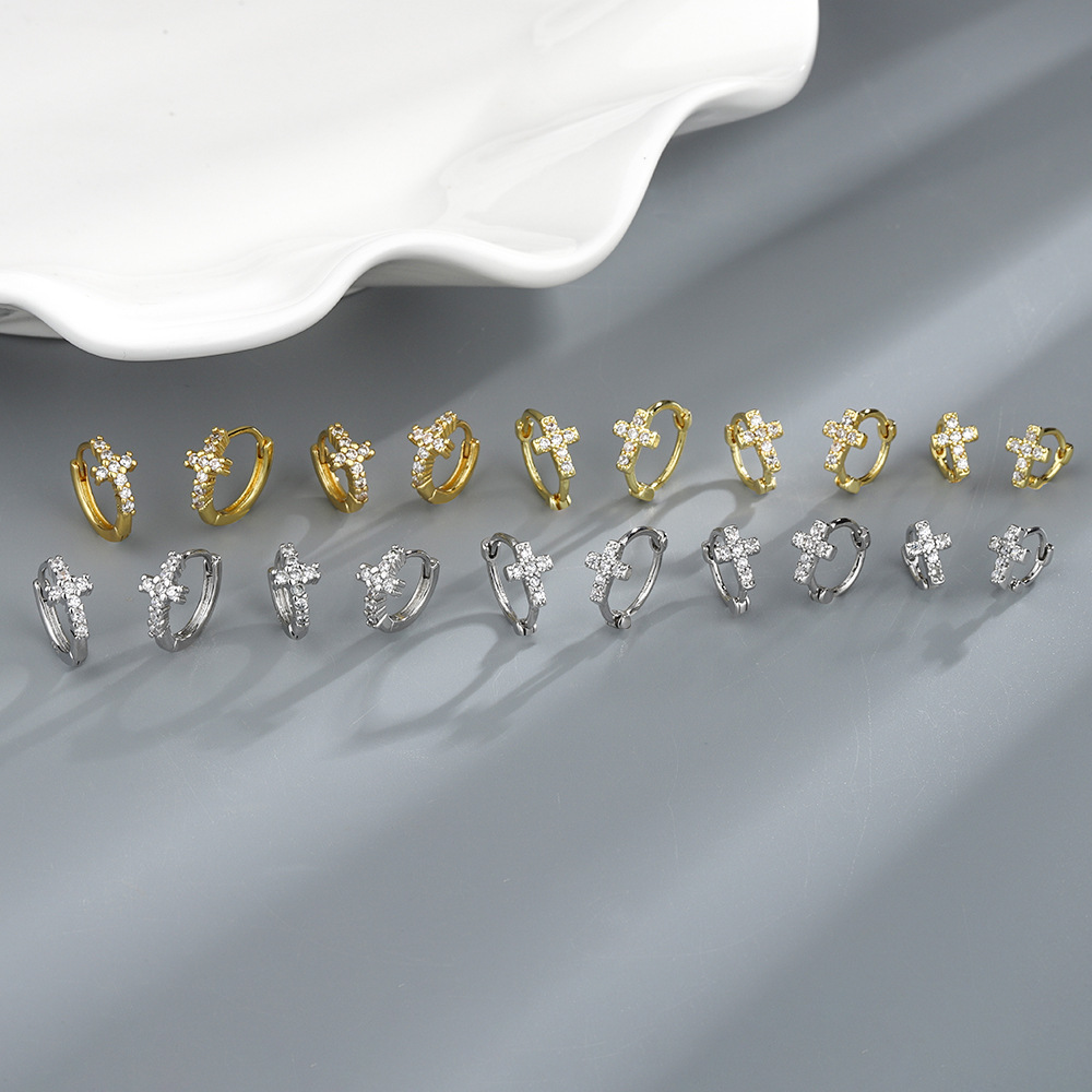 Hebilla de oreja de cruz de diamantes completa, pequeño libro rojo, diseño fresco de moda, estilo de Hong Kong, pendientes geométricos simples con incrustaciones de circón, mujer