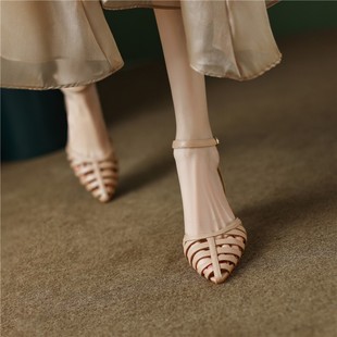 Nude pointed sandals female summer niche design sense of advanced soft leather buckle foot Roman high-heeled shoes
