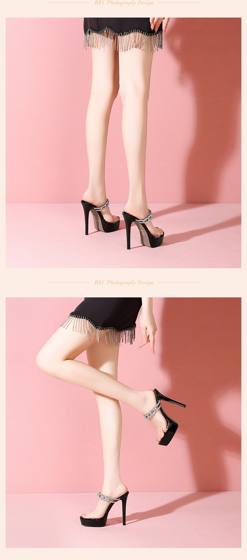 Sandal cao gót nữ quai ngang trong suốt đính đá, gót 13 cm, đế platform — Đen 13cm chi tiết 8