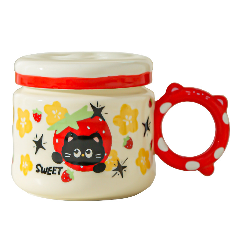 Regalo de cumpleaños Taza de dibujos animados para novias Taza de cerámica con tapa Regalo de mano Taza de agua para gatos lindos