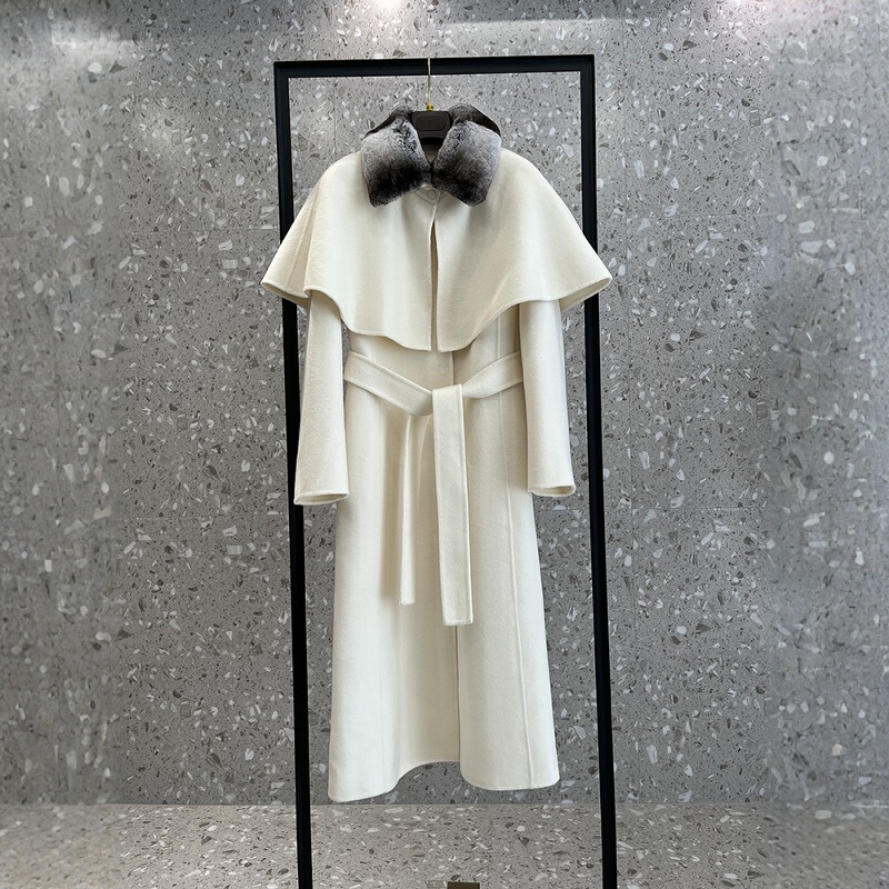 2025 South American Chipmunk Chinchilla Color Rex Rabbit Fur Collar Small Cloak White Cashmere Two-Piece Coat for Women