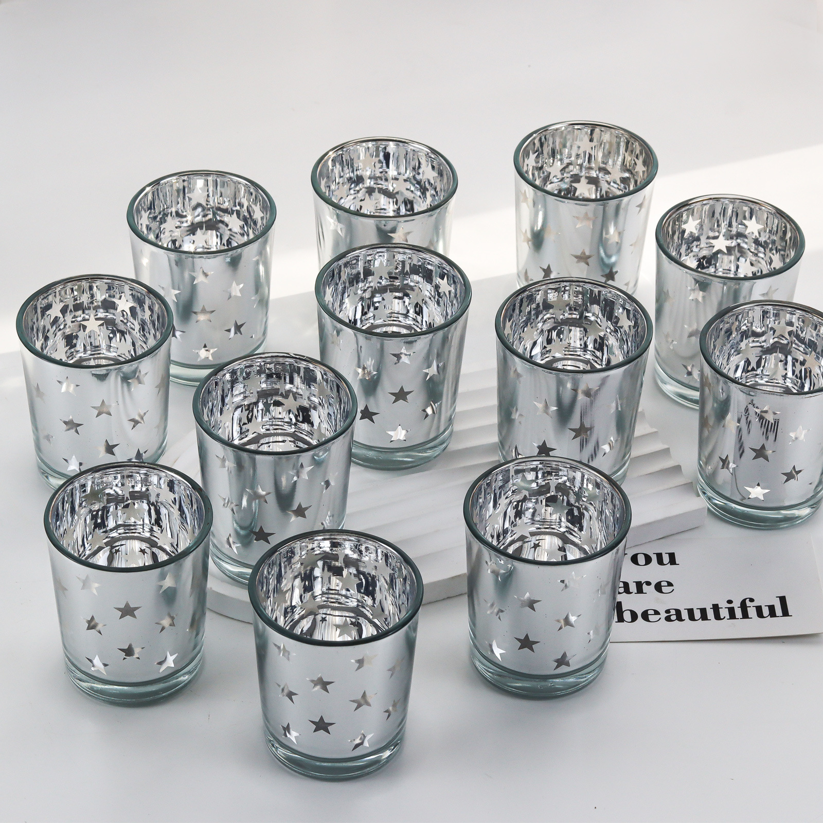 欧式电镀12件套银色星星小婚礼许愿烛台烛台玻璃杯空杯婚礼季装饰