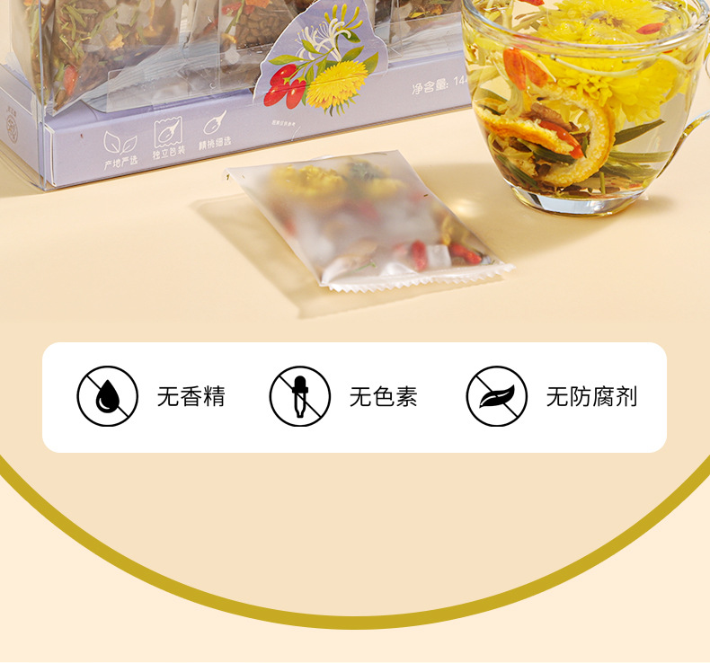 Chrysanthemum Goji Cassia Seed Tea 144g Individually Wrapped Wellness Flower Tea with Honeysuckle in use