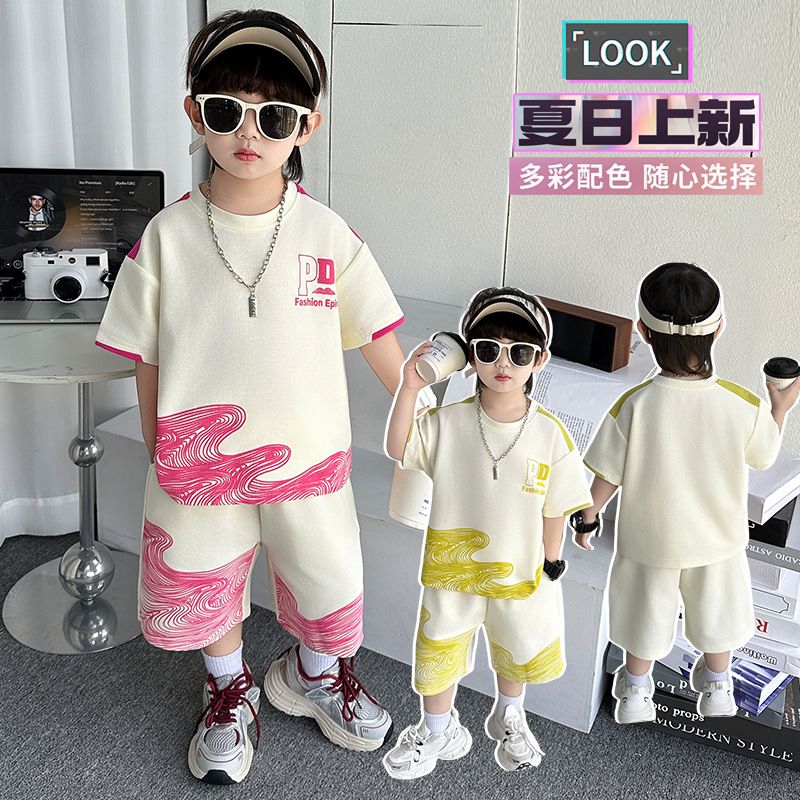 7344 traje de camiseta de manga corta para niños pantalones cortos guapos de verano para niños 2025 nueva ropa deportiva de media manga para bebés 3
