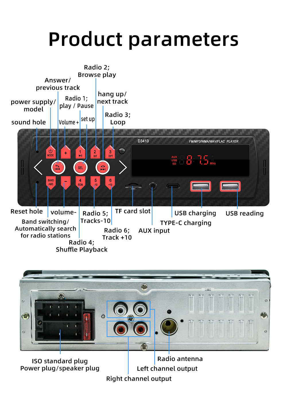D3410 Red Light Short Model Single Spindle Dual USB Car Bluetooth Mp3 Player Fm Radio 12V Dropshipping