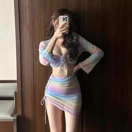 2024新款多巴胺女孩彩虹比基尼泳衣女性感长袖外衫四件套温泉泳装