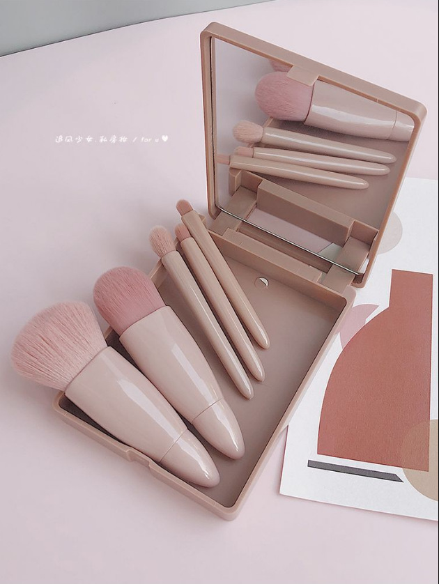 5-piece makeup brush set, eyeshadow, blush, lip brush, loose powder brush, portable with mirror, beauty tools for cross-border use Item Picture
