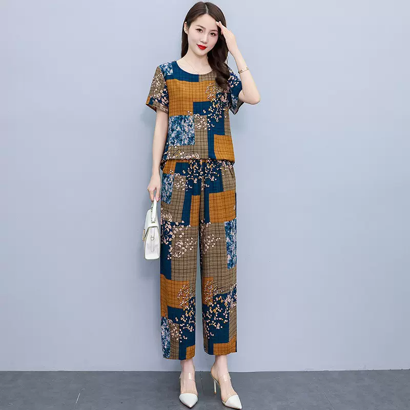 妈妈夏装短袖新款老年人棉绸宽松大码奶奶衣服两件套中年t恤套装