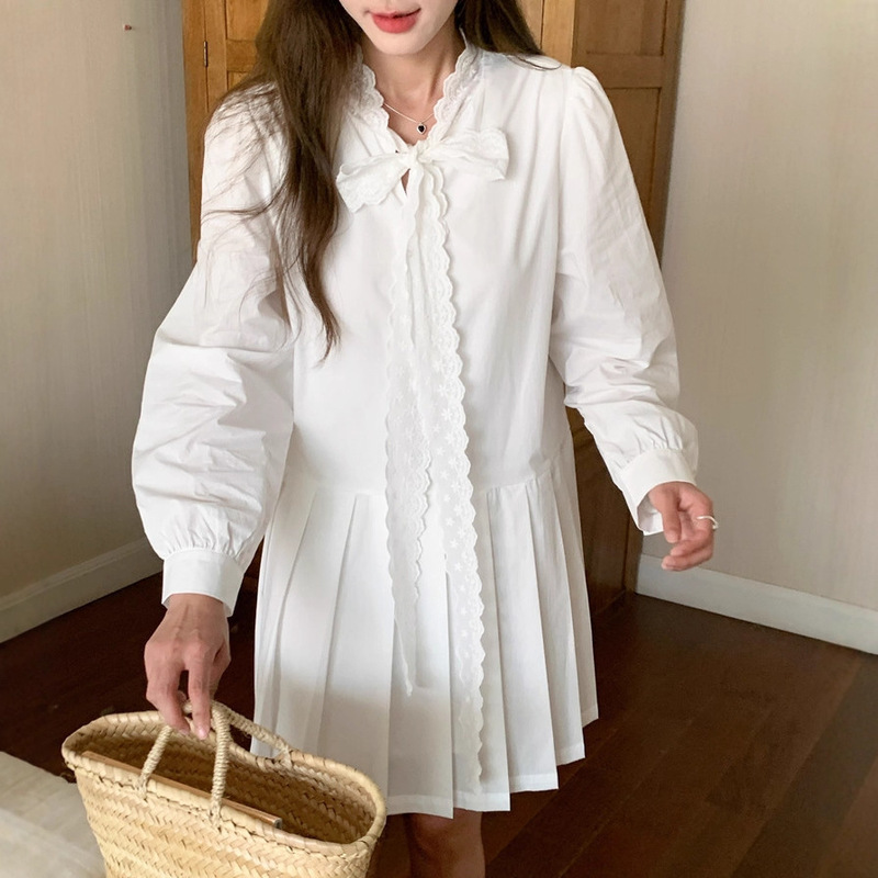 实拍秋季新款法式甜美蕾丝拼接蝴蝶结绑带短裙百褶长袖白色连衣裙|undefined