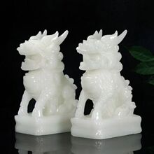 天然汉白玉招财坐麒麟摆件玉石麒麟一对客厅办玄关酒柜乔迁装饰