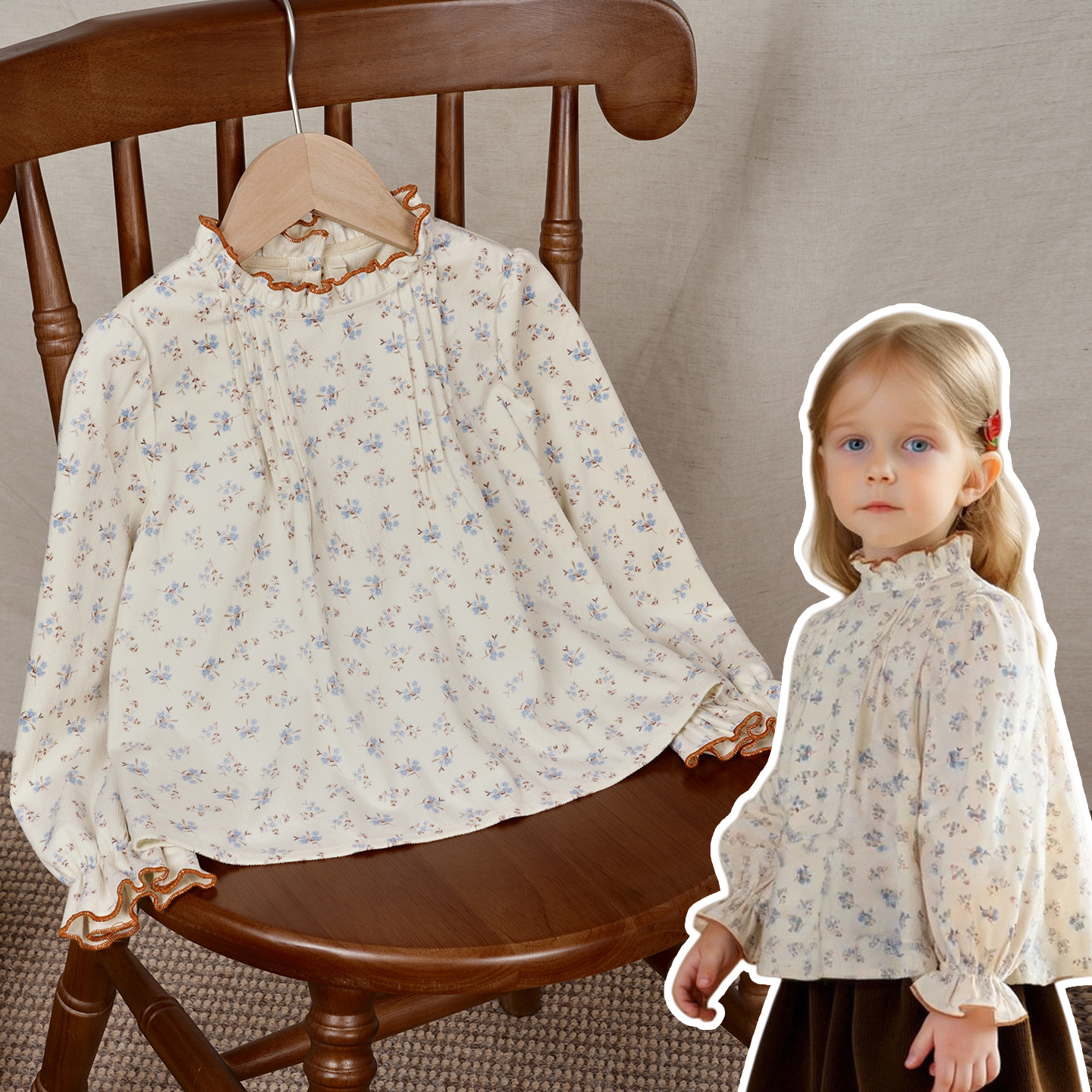 森系花边立领碎花灯芯绒长袖衬衣秋冬新款保暖宽松宫廷风上衣女童