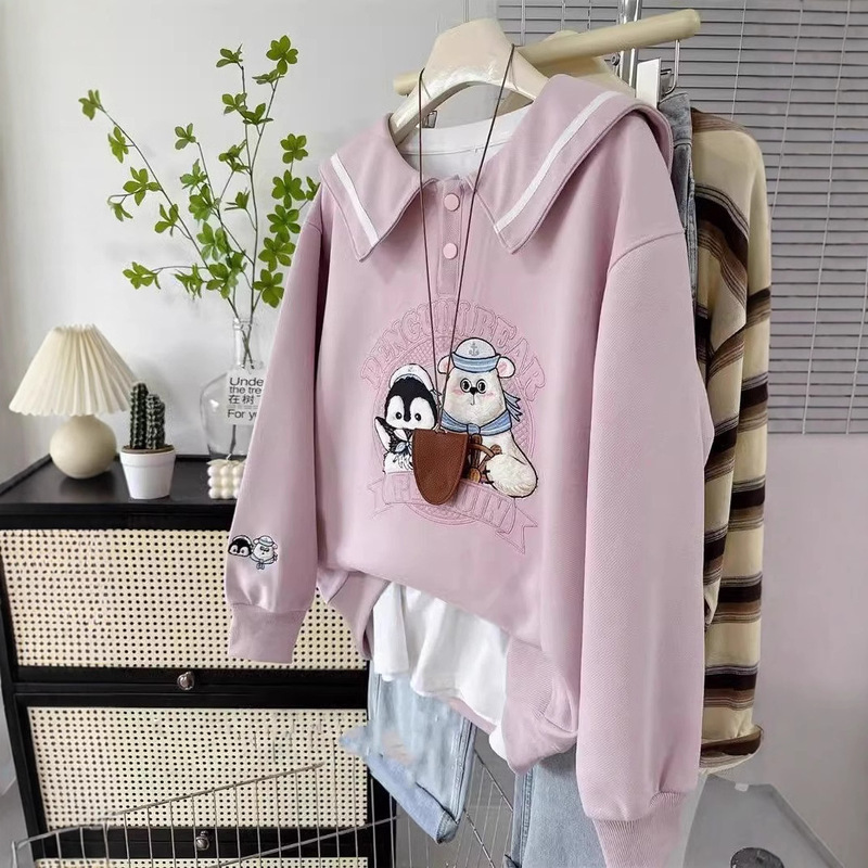 Navy Collar Penguin Maomao Embroidery Heavy Industry Embroidery Loose plus size Top Korean Style Spring and Autumn Women's College Style Sweatshirt