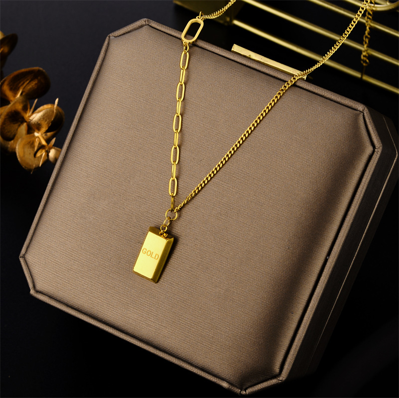 [titanium Steel]  New Trendy And Fashionable Summer Small Gold Brick Short Collar Chain Necklace Titanium Steel Mesh_voghion.com