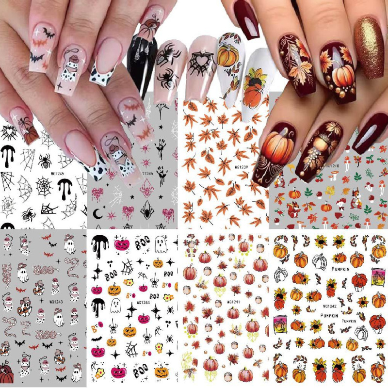 New Halloween Nail Stickers Ghost Pumpkin Autumn Maple Leaf Spider Squirrel Nail Stickers Decorations