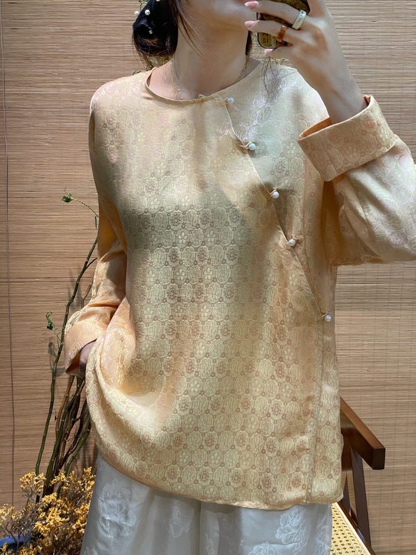 南油批发2025年秋季新款 万事利龟背纹 真丝花萝上衣休闲女款衬衫|undefined
