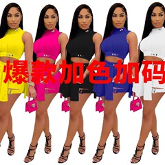 LD9140夏季欧美女装流行无袖钉扣装饰短裤裙两件套套装