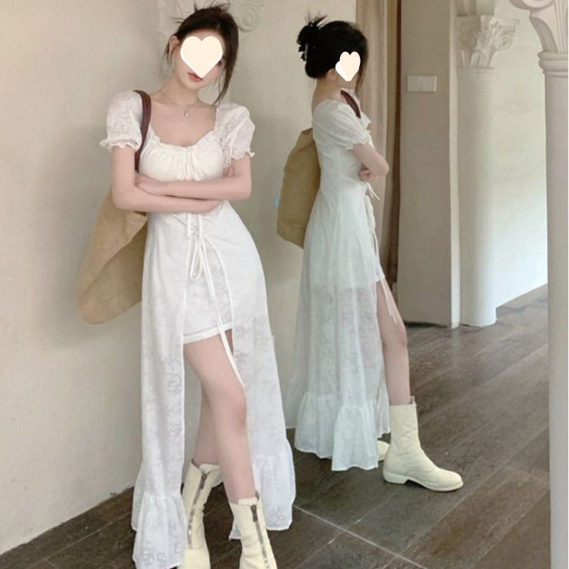 夏の優しいスタイルのニッチフレンチスクエアネックロングドレス女性のための不規則な痩身半袖気質ウエストロングドレス|undefined