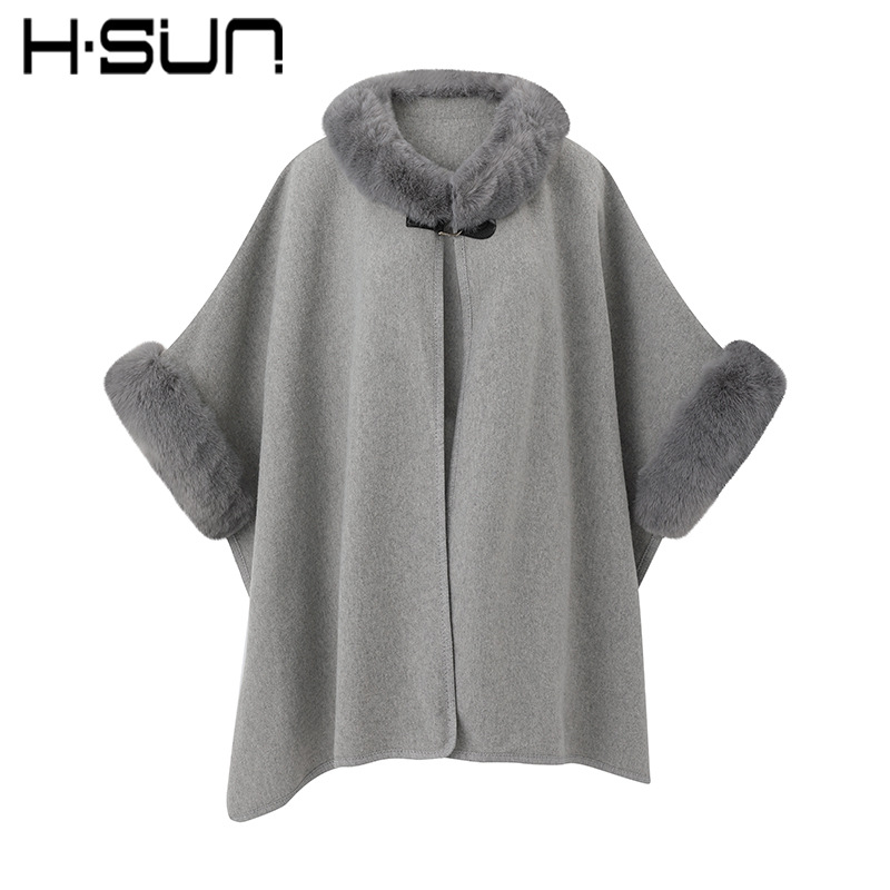 H·Sun European and American Street Style Solid Color Round Neck Cape Shawl Warm Women's 2026 Winter Mid-Length Versatile