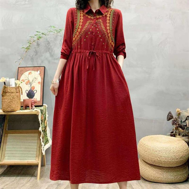 2025 spring silk linen long waist dress artistic lace collar embroidery long sleeve ladies lapel dress