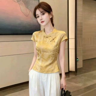 新中式时尚高级衬衫女夏季新款复古国风气质衬衣百搭修身盘扣上衣