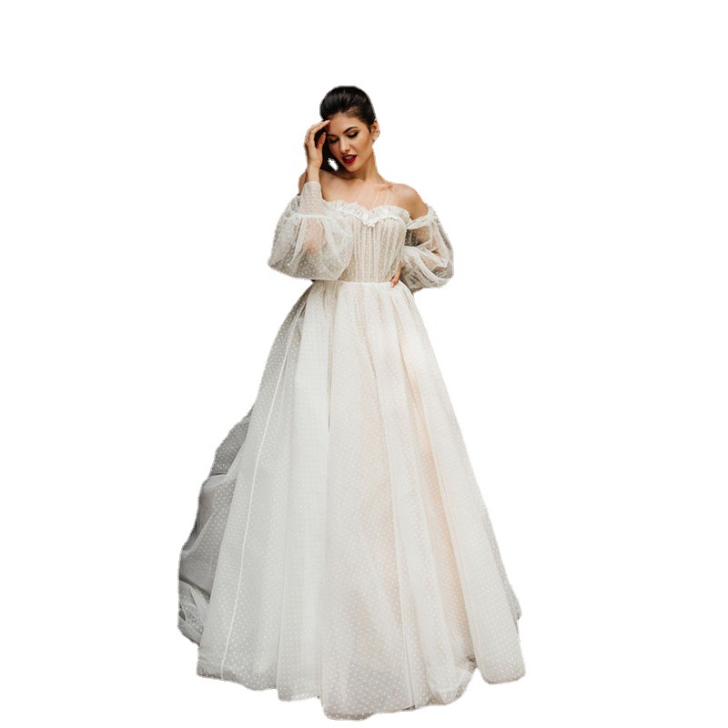 Vestido de Novia Nuevo de Comercio Exterior Europeo y Americano, Amazon, AliExpress, con Encaje, Malla con Puntos, Escote Corazón Sexy, Hombros Descubiertos