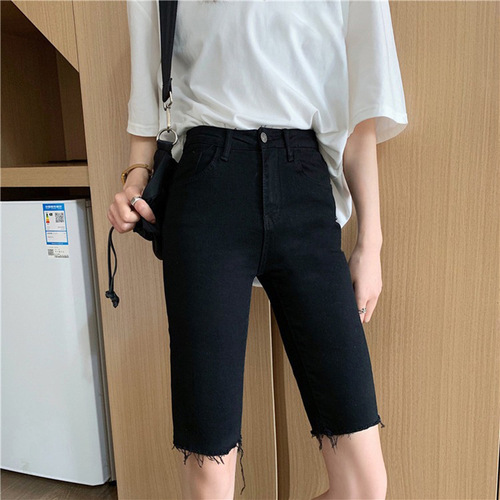 Black denim five-pocket women's summer stretch high-waisted tight shorts for slimming straight-leg cycling pants trendy