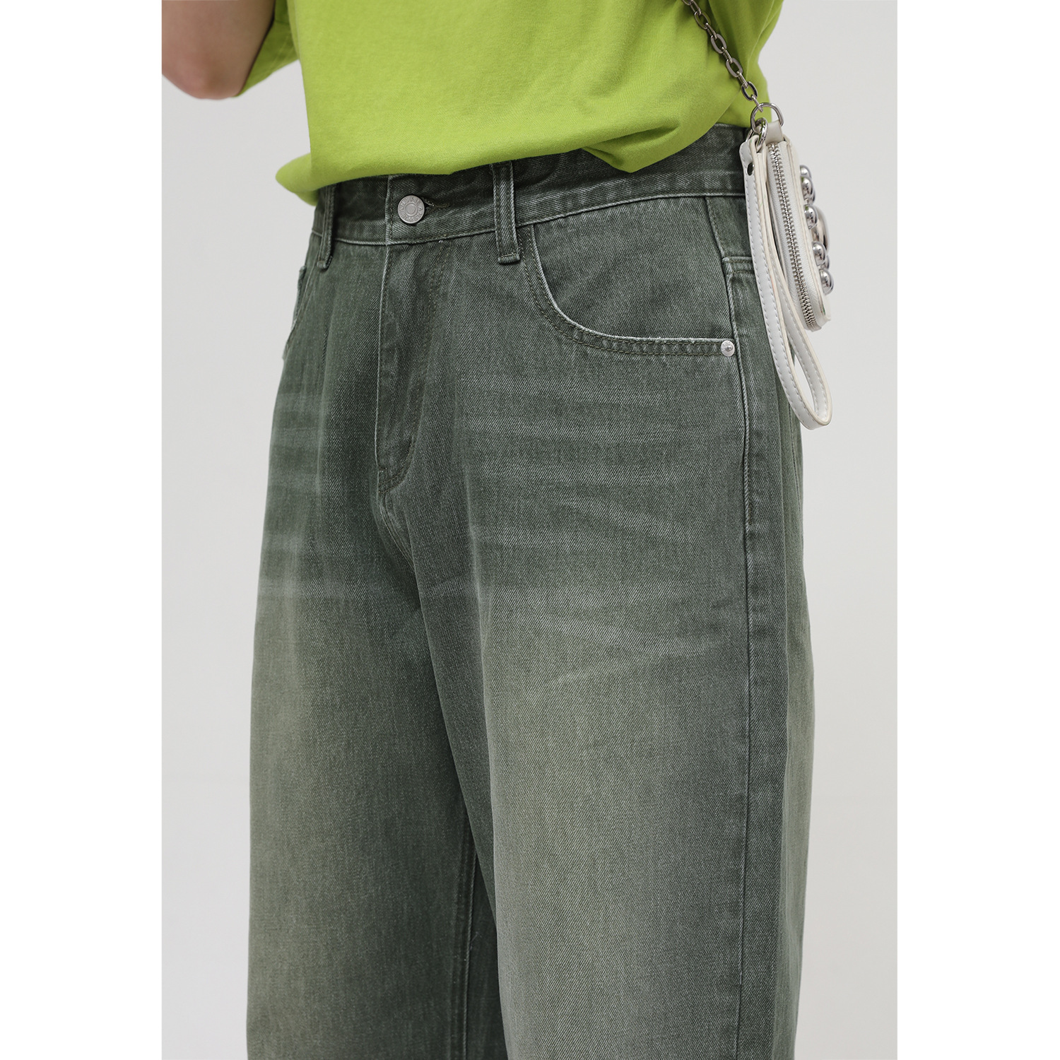 Ropa de hombre de MTLROPA | Four Seasons estilo coreano suelto personalizado lavado mediados de la cintura verde deshilachados jeans hombres