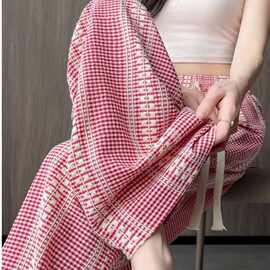 蕾丝提花格子裤女2025春夏新款高腰显瘦垂感阔腿裤休闲裤子慵懒风
