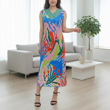 彩色印花百褶裙休闲半身裙女2025夏季新款韩版宽松裙脚开叉长裙