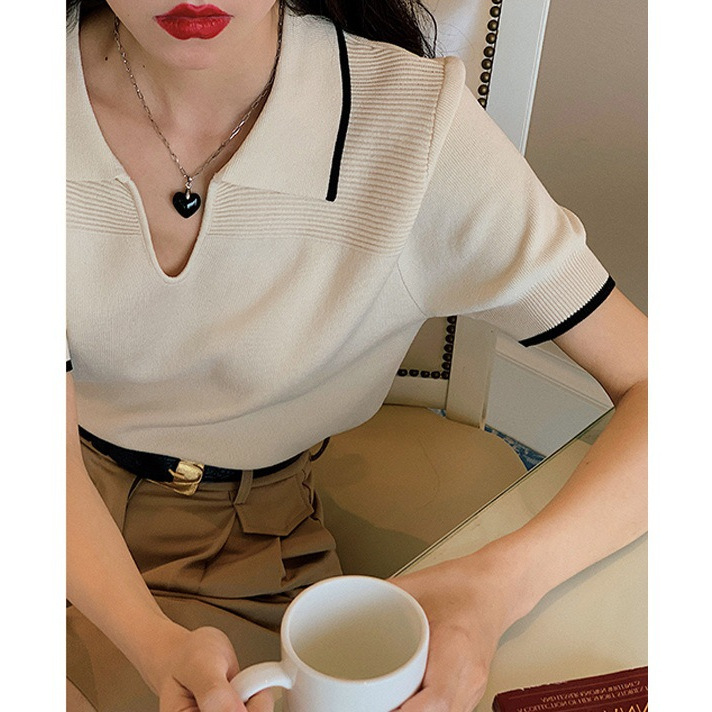 American Polo Collar Top, Right Shoulder, Short, Preppy Style, Ice Silk Knitted Short-Sleeved T-Shirt, Women's Summer Thin, Loose Style