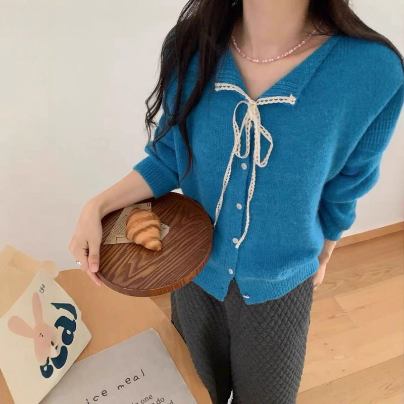 Korean Lace-Up Lace Lapel Sweater Small Outwear for Women Autumn and Winter New Pure Color Versatile Soft Waxy Knitted Cardigan Sweater Korean Lace-Up Lace Lapel Sweater Small Outwear for Women Autumn and Winter New Pure Color Versatile Soft Waxy Knitted Cardigan Sweater
