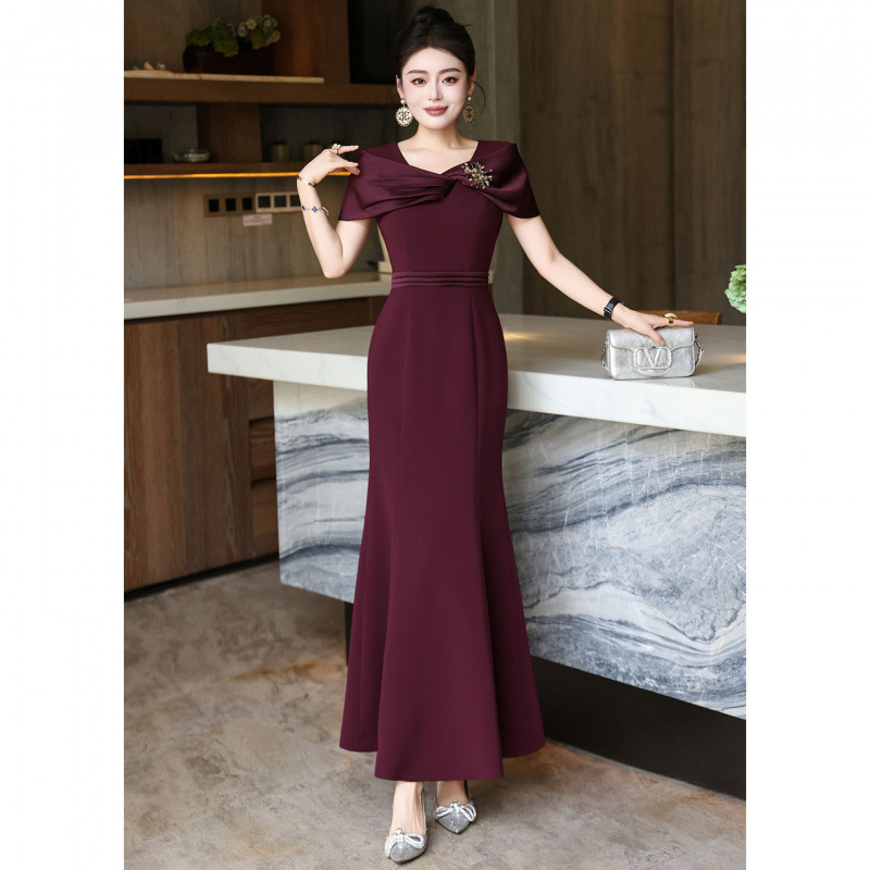 Elegant Spring & Fall French High-End Wedding Banquet Dress Long Skirt Slim Fishtail Slim Elegant Dinner Dress for Women
