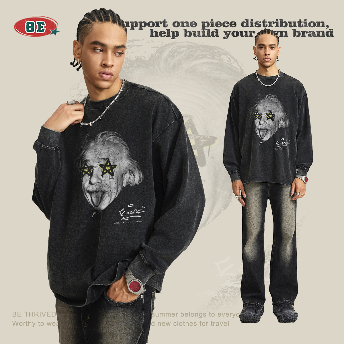 Ropa para hombre BE | Camiseta de manga larga con efecto desgastado y estampado de Einstein y ojos estrellados para hombre, estilo retro, otoño 2025