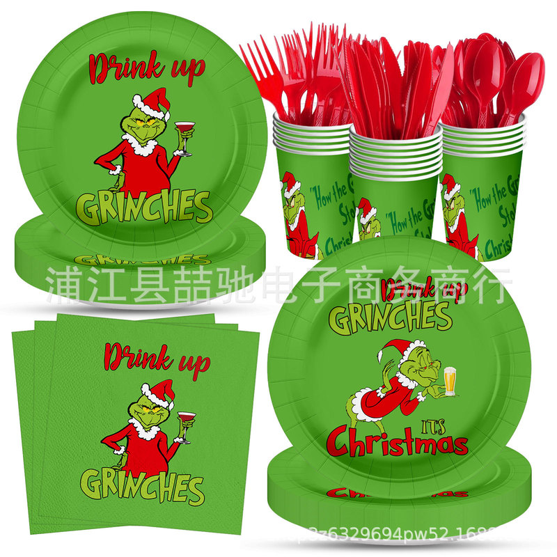 Christmas Grinch Green Monster Theme Party Tableware Holiday Disposable Paper Cups Paper Plates Paper Cups Desktop Decoration
