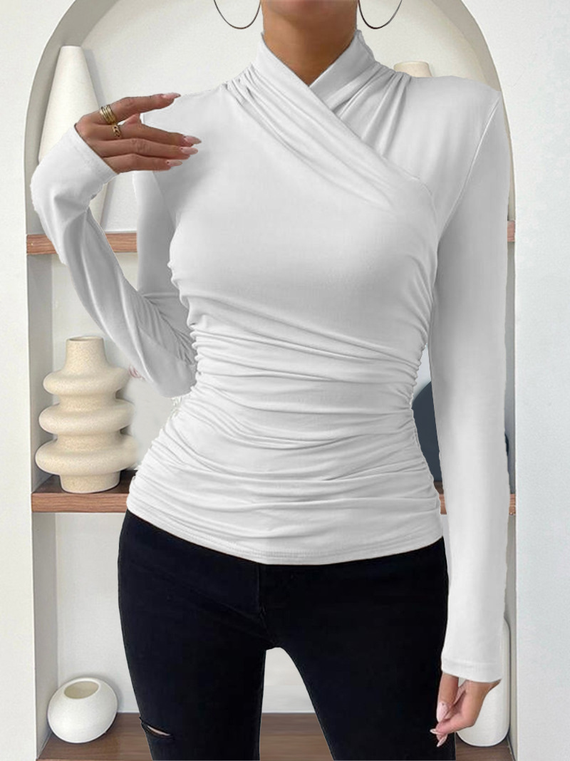 Elegant Women's Cross-Neck Slim-Fit T-Shirt Tuck Detail Versatile Autumn Winter Wardrobe Staple Fashion Top for Ladies_ecoleips.com