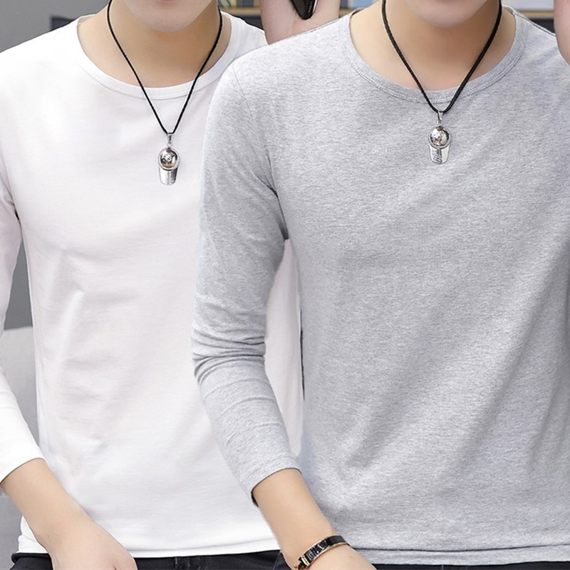 Solid color clothes men's long-sleeved T-shirt spring and autumn slim fit T-shirt pure cotton collarless plus size plus size trendy bottoming shirt