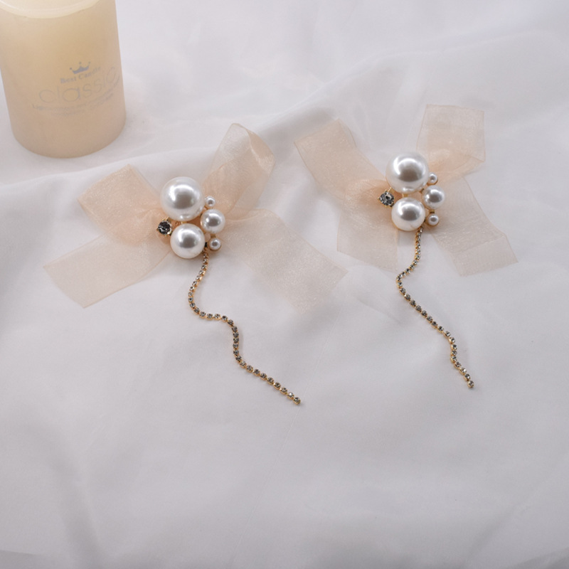 Bow Ribbon Tassel Pearl Earrings display picture 4