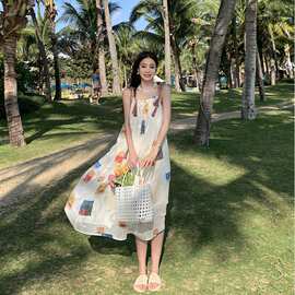 2023新款椰树夏 假日限定款手工七彩流苏吊带印花连衣裙女