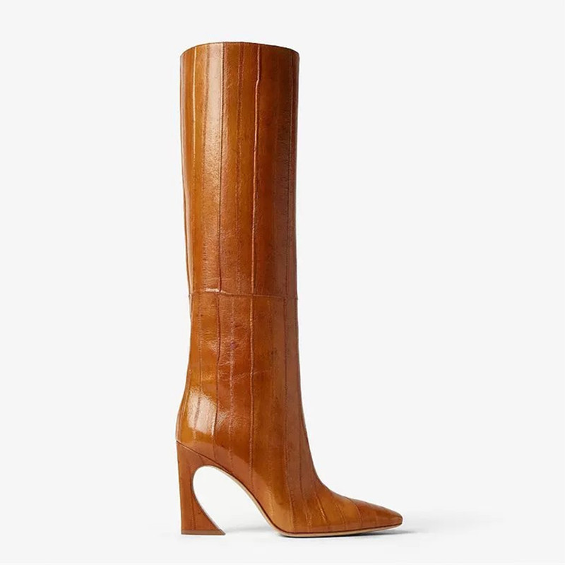 European and American New Style Irregular High-Heeled Small Square Toe Eel Pattern High Boots Foreign Trade Cross-Border Large Size Straight Knight Knee-High Boots