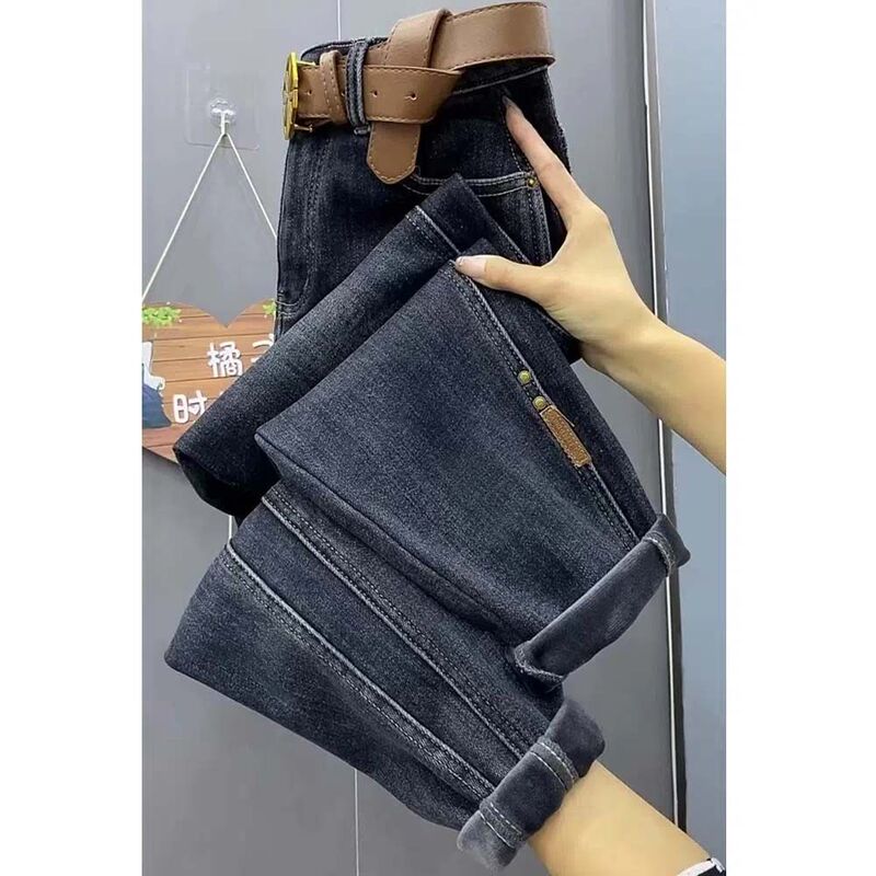 高腰加绒牛仔老爹裤女设计感宽松显瘦弹力哈伦裤秋冬新款萝卜裤潮|undefined