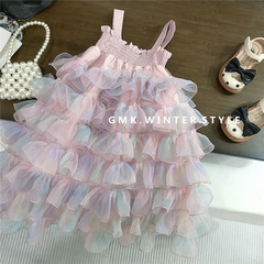 女童夏季連衣裙新款兒童彩虹吊帶裙夏女孩夏裝公主蓬蓬紗裙子外貿