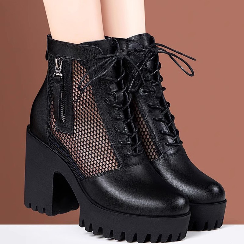 Botas de talón alto para mujeres 2026 nuevo tipo de suela suave ligera de moda versátil con lazos respirables botas frías de talón grueso botas individuales