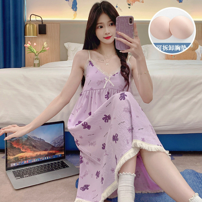 Pijamas de verano de niña cabina larga falda cojín de pecho camiseta ropa casera nubes de algodón dulce ropa casera