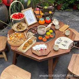 老榆木围炉煮茶桌户外野餐烧烤火锅桌椅实木八角冰茶桌小炕桌餐桌