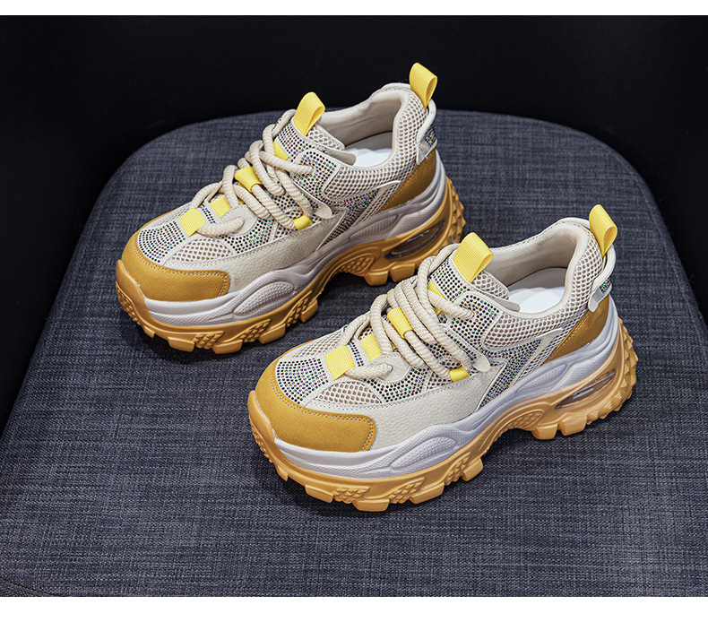 Giày sneaker nữ chunky đế dày phong cách retro, tăng chiều cao, đính đá lấp lánh — M2911 vàng, M2911 be, M2911 đỏ, M2911 xanh lá chi tiết 35