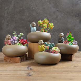 Novice Stoneware Imitation Stone Fleshy Moso Flower Pot Ceramic Desktop Chinese Zen Green Plant Bonsai Personalized Ornaments