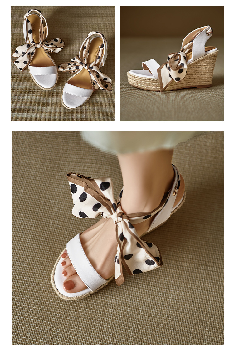 Sandal cao gót nữ hở mũi đế xuồng đan rơm, phối nơ và chấm bi — màu trắng, màu mơ chi tiết 14